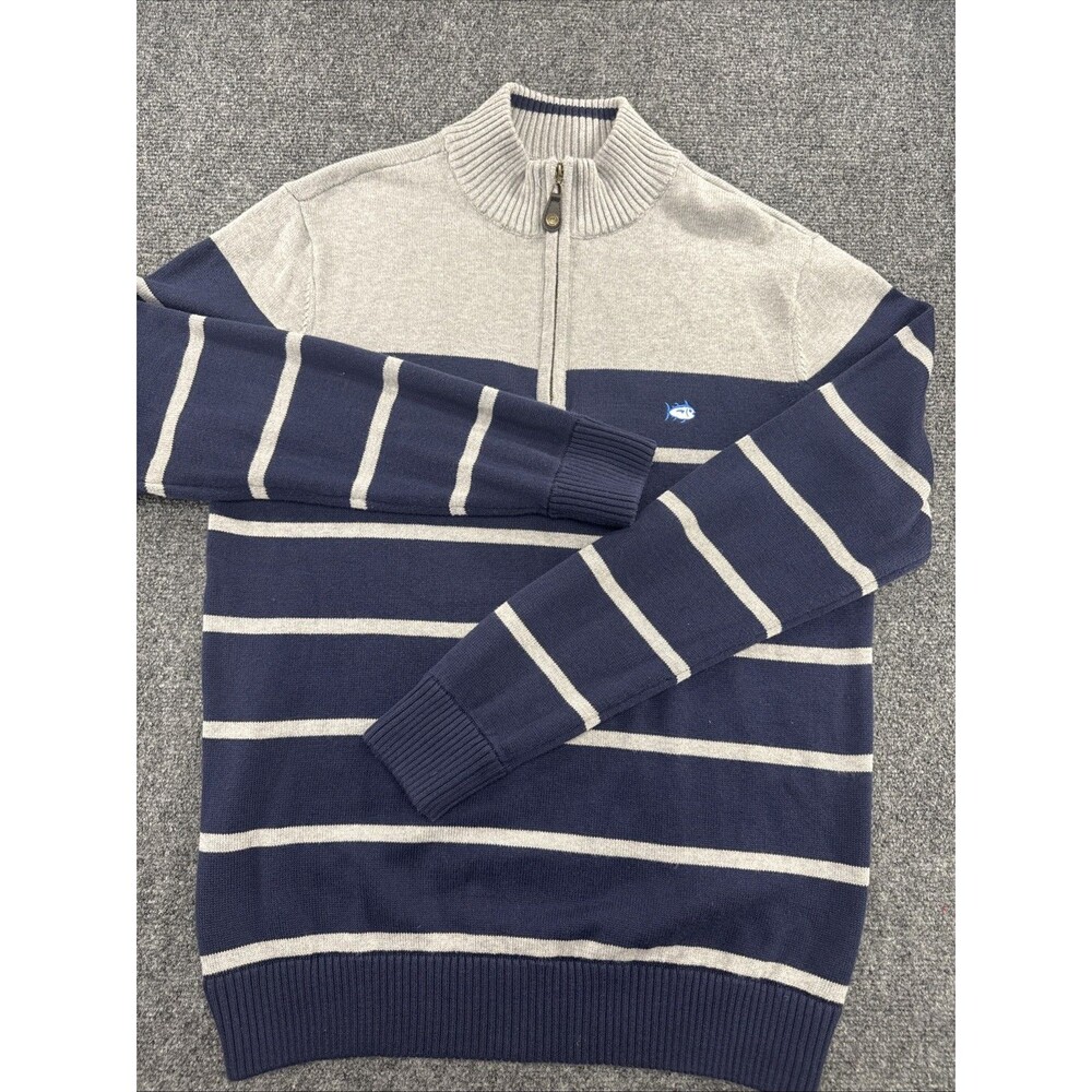 Southern Tide 1/4 Zip Sweater Mens 21” P2P Navy Gray Stripe Skipjack